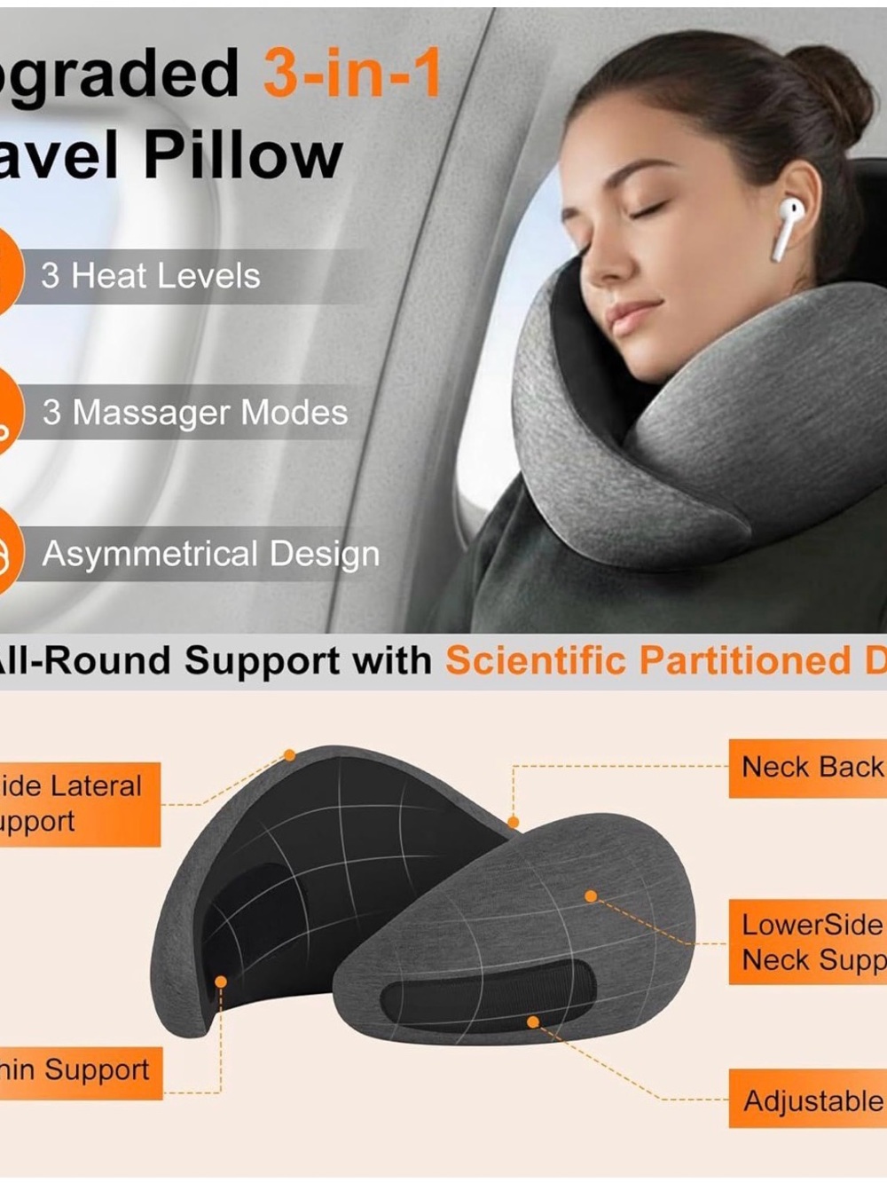 Gray 3-in-1 Travel Neck Pillow with Massager New Without Box